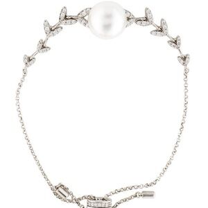 APM Silver Pearl Accent Bracelet with Crystal Leaf Motif